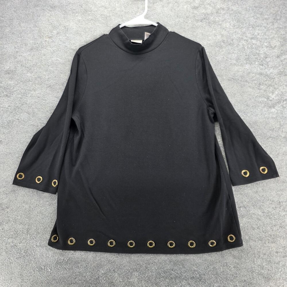 Chico's Shirt Womens 2 Large Black Mock Neck Grommet Trim 3/4 Sleeve Tunic Knit